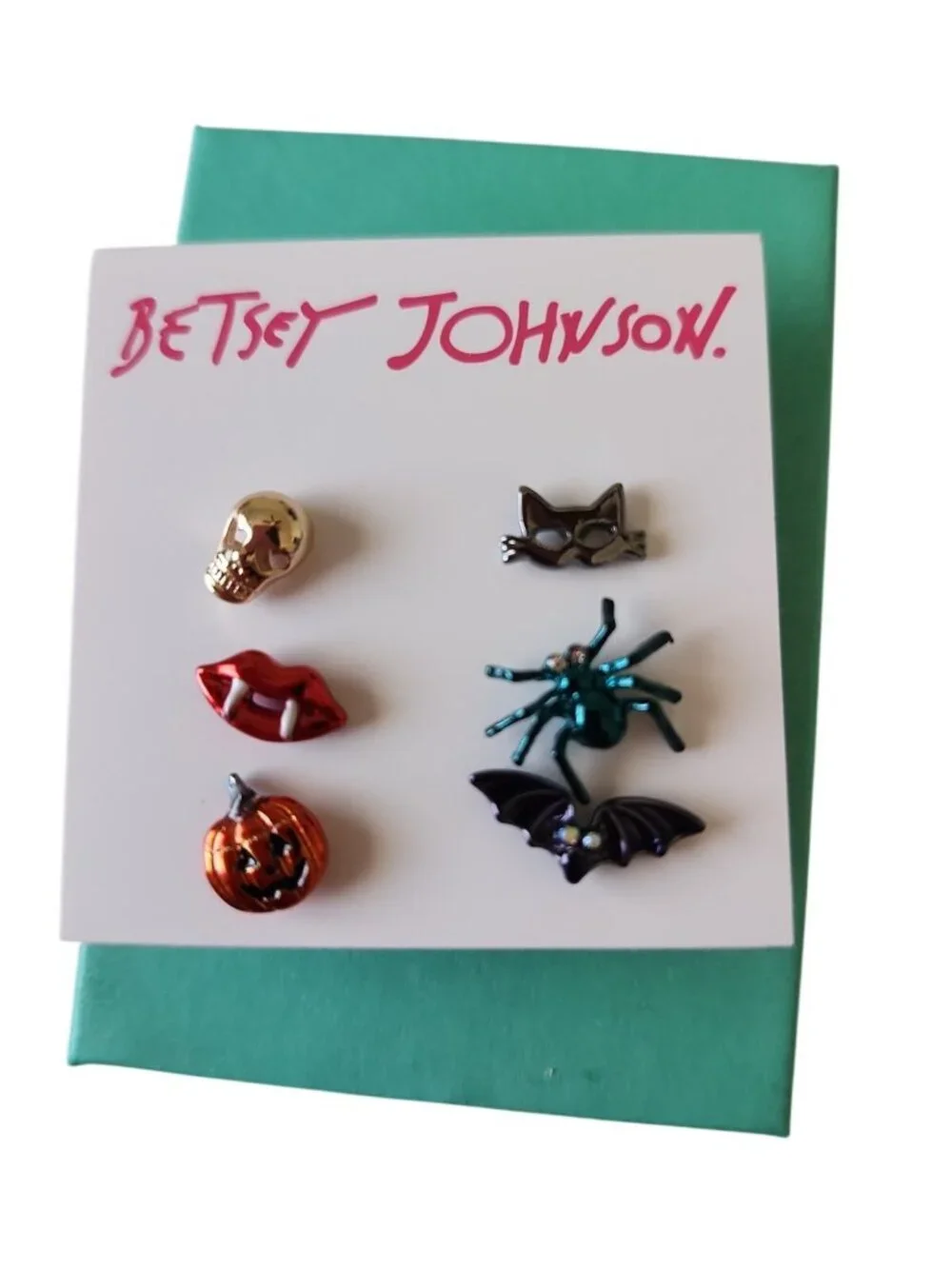 Betsey Johnson Set 6 Single Halloween Earrings Bat, Fangs, Skull, Cat, Pumpkin